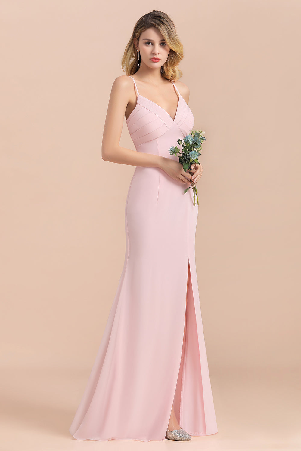 Affordable Sheath V-Neck Blushing Pink Chiffon Bridesmaid Dresses with Spaghetii Straps