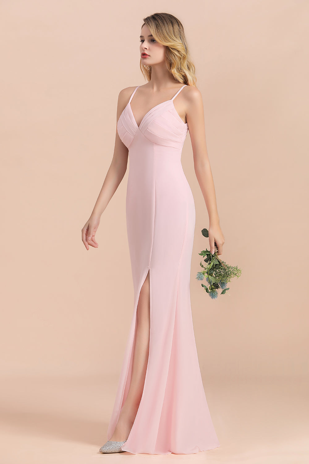 Affordable Sheath V-Neck Blushing Pink Chiffon Bridesmaid Dresses with Spaghetii Straps