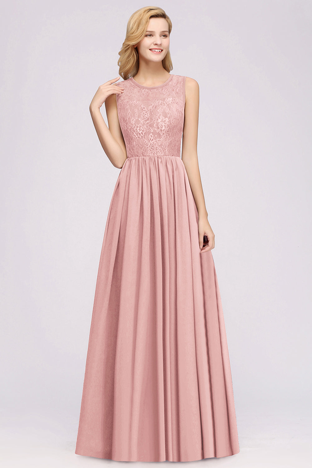 Affordable Sleeveless Lace Pink Bridesmaid Dresses With Hollowout Back