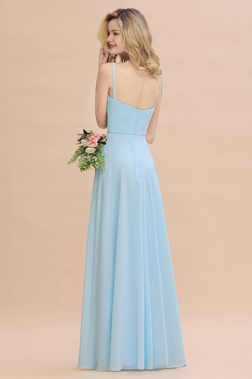 Affordable Spaghetti-Straps Slit Long Chiffon Bridesmaid Dresses with Ruffle