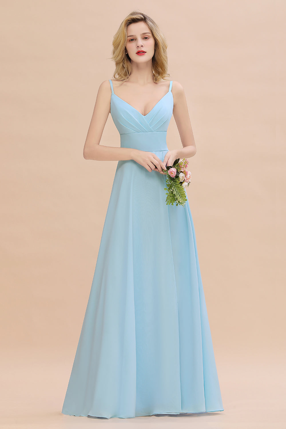 Affordable Spaghetti-Straps Slit Long Chiffon Bridesmaid Dresses with Ruffle