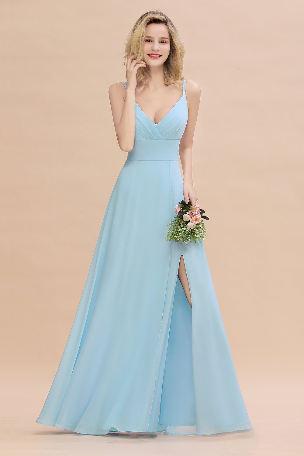 Affordable Spaghetti-Straps Slit Long Chiffon Bridesmaid Dresses with Ruffle