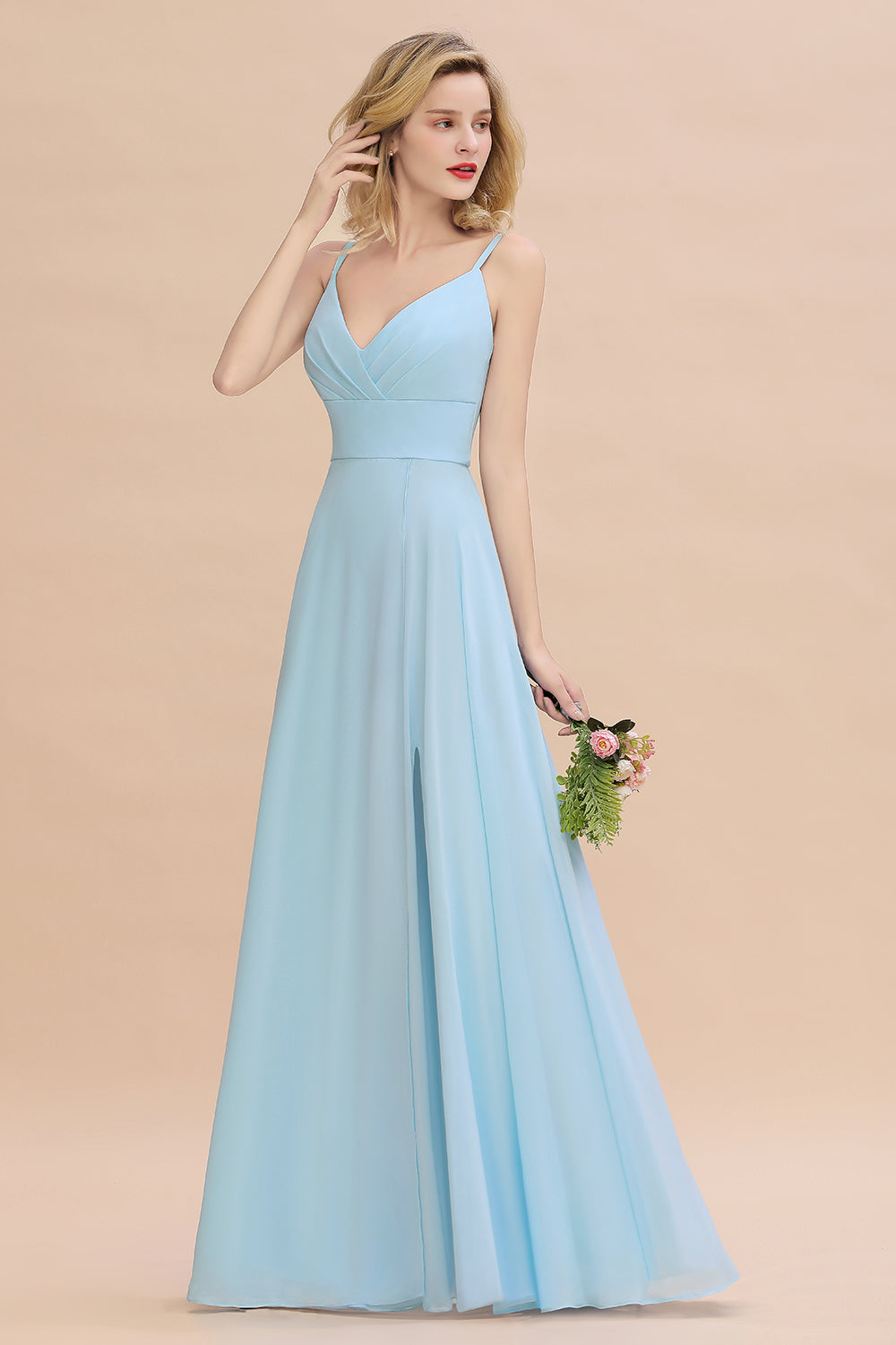 Affordable Spaghetti-Straps Slit Long Chiffon Bridesmaid Dresses with Ruffle