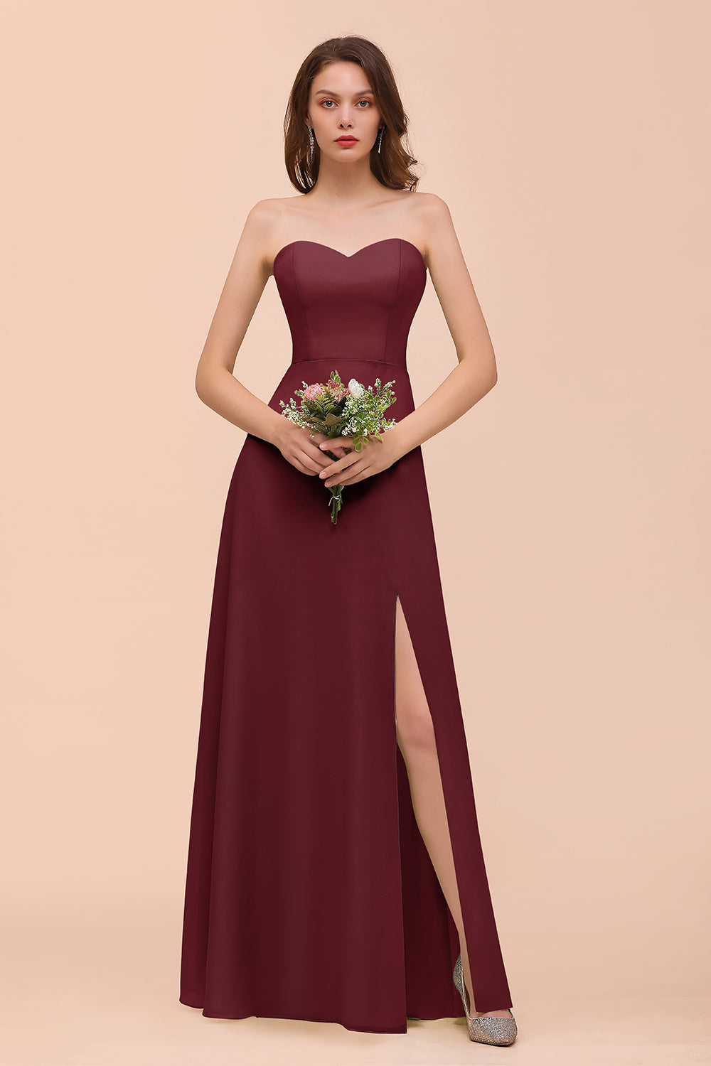 Affordable Strapless Front Slit Long Dusty Sage Bridesmaid Dresses