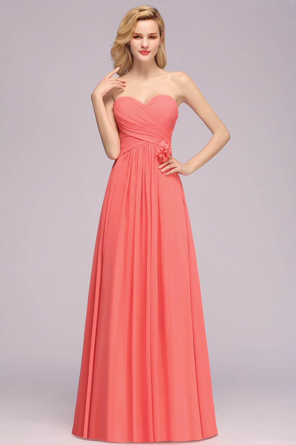 Affordable Sweetheart Strapless Chiffon Bridesmaid Dresses with Flower