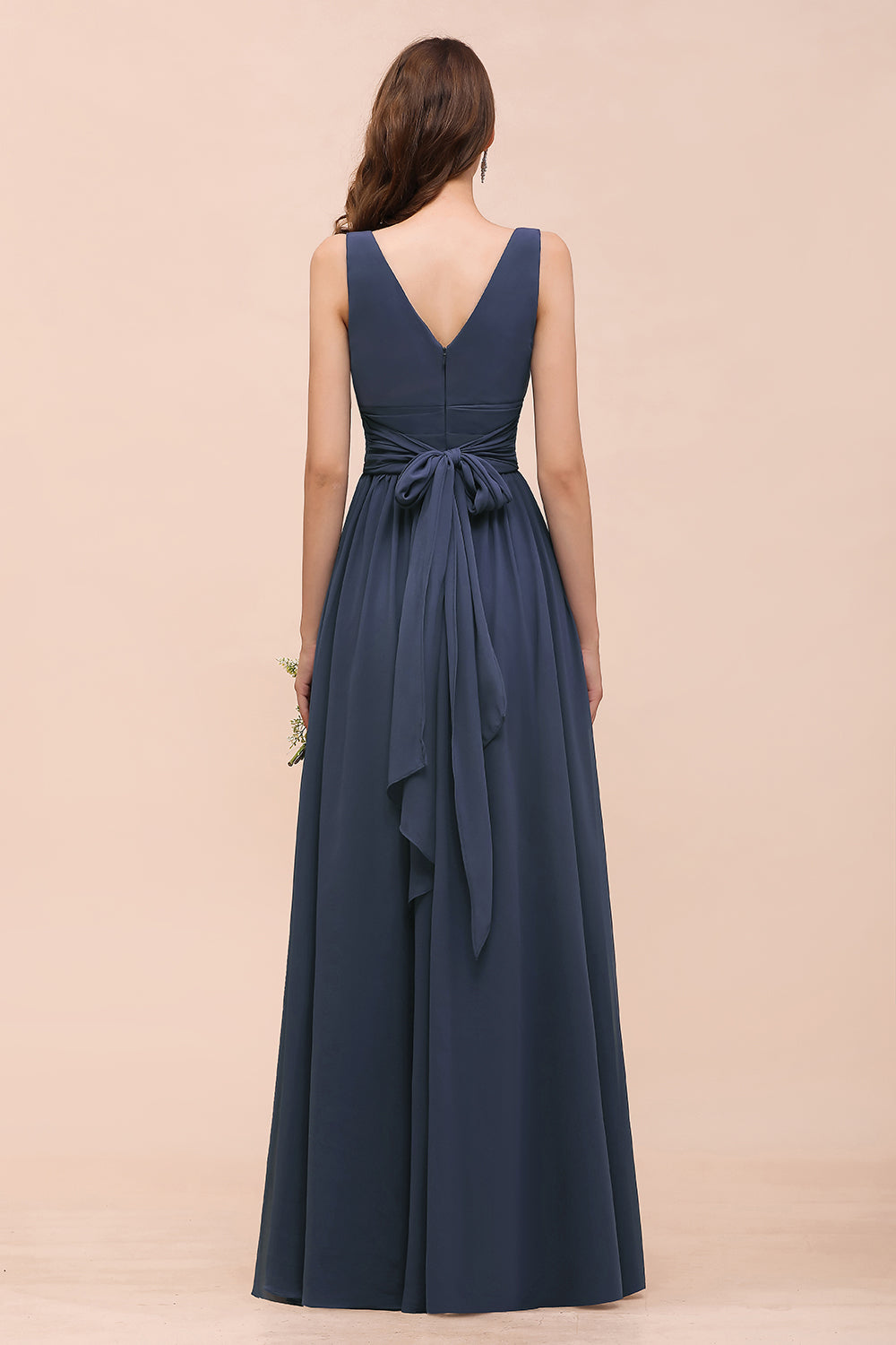 Affordable V-Neck Chiffon Long Stormy Bridesmaid Dresses With Slit