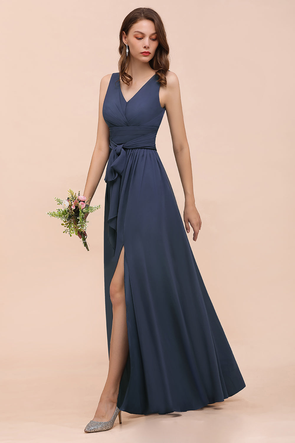 Affordable V-Neck Chiffon Long Stormy Bridesmaid Dresses With Slit