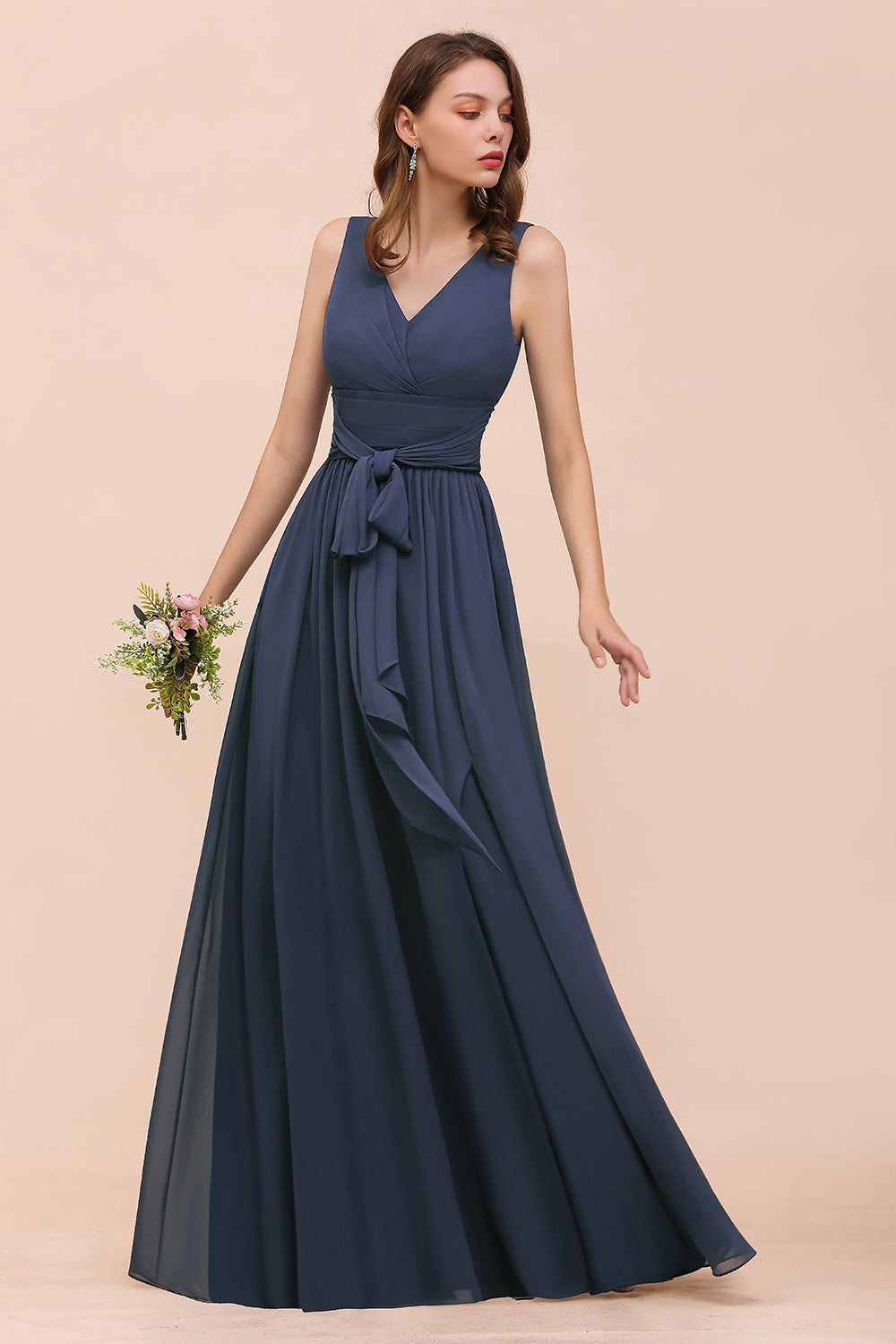 Affordable V-Neck Chiffon Long Stormy Bridesmaid Dresses With Slit