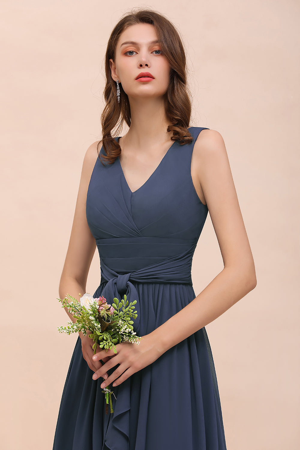 Affordable V-Neck Chiffon Long Stormy Bridesmaid Dresses With Slit