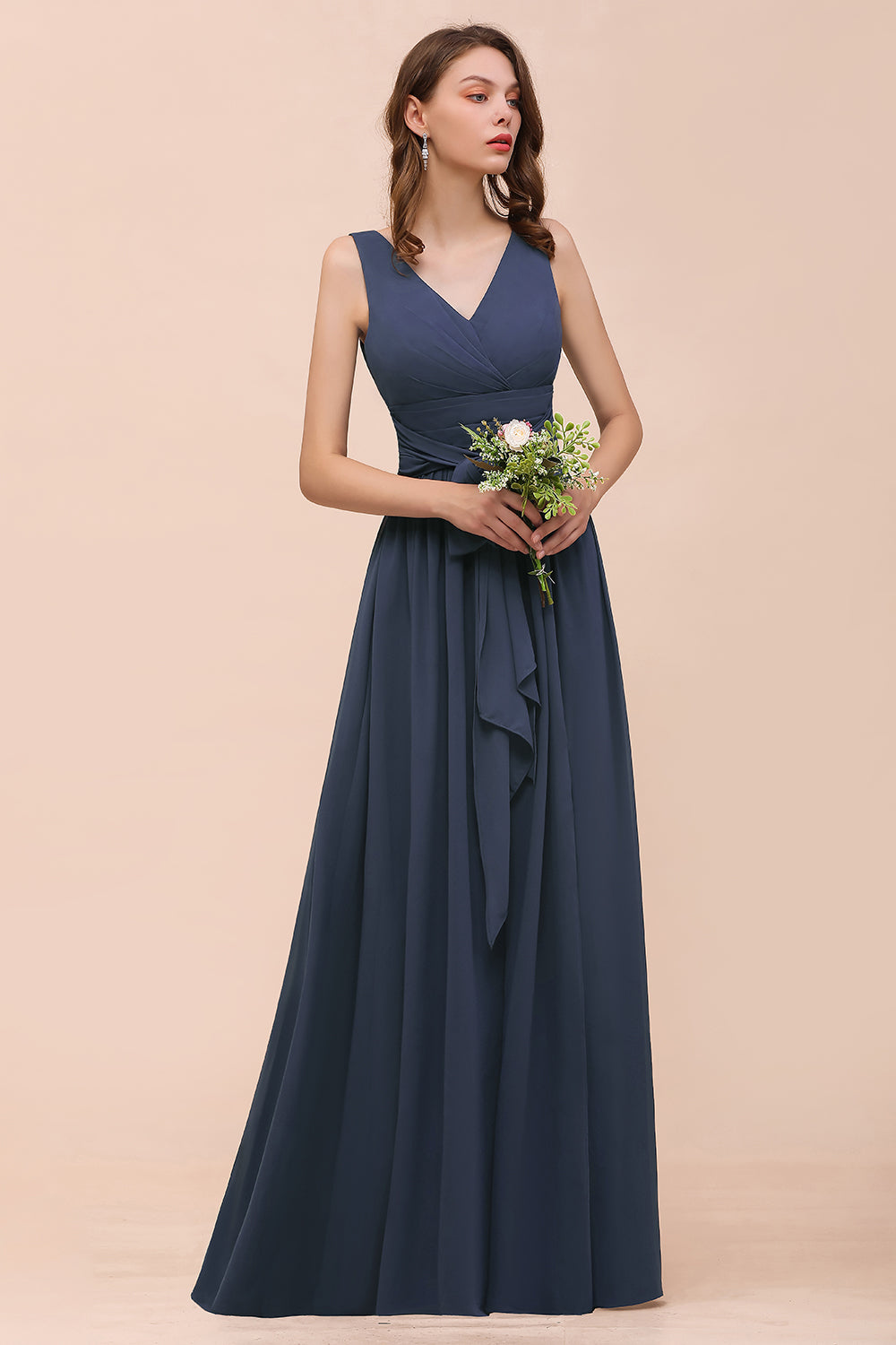 Affordable V-Neck Chiffon Long Stormy Bridesmaid Dresses With Slit