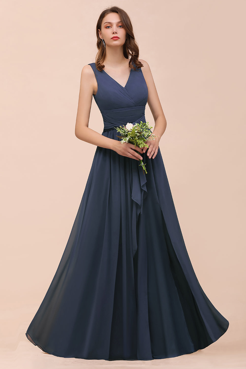 Affordable V-Neck Chiffon Long Stormy Bridesmaid Dresses With Slit