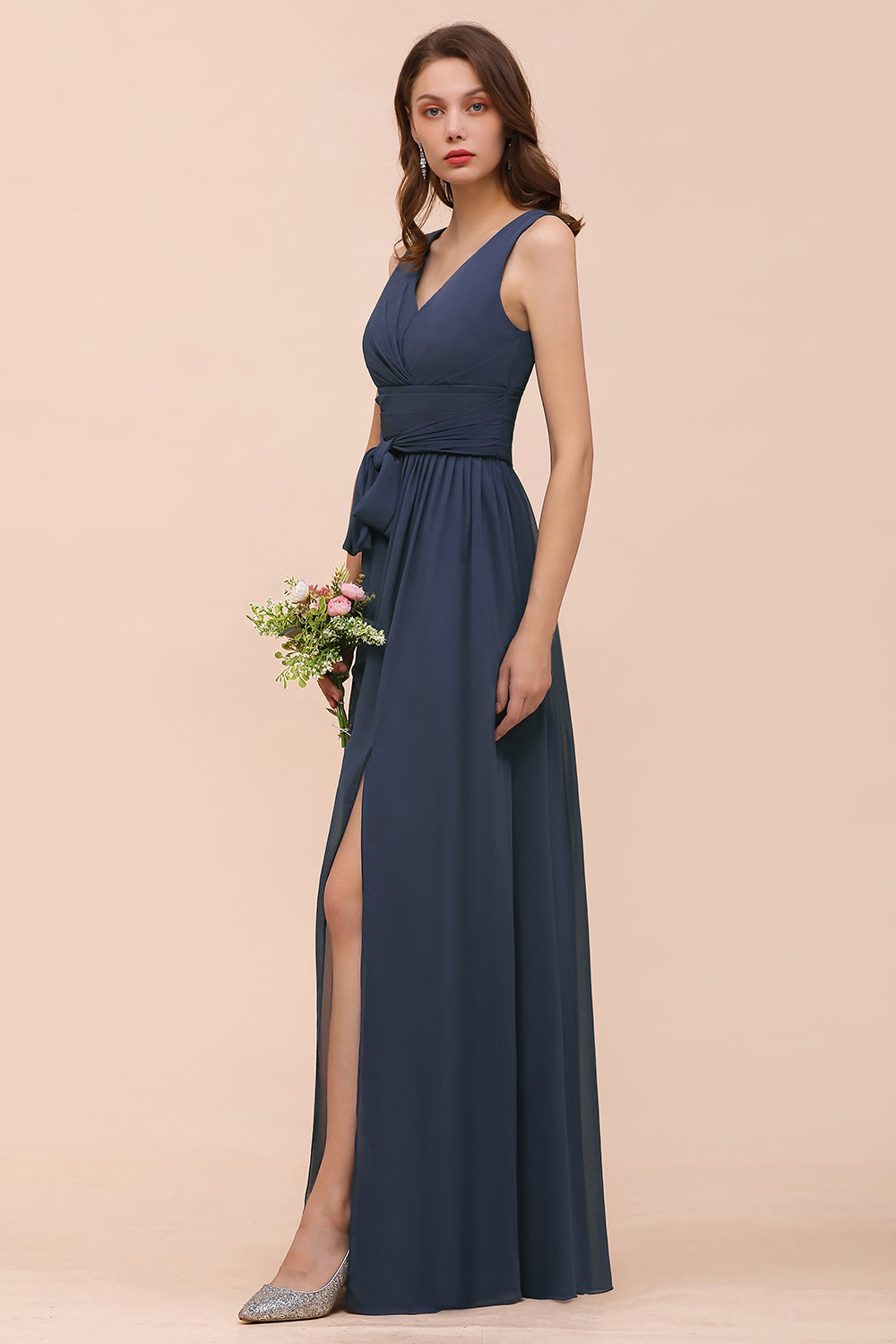 Affordable V-Neck Chiffon Long Stormy Bridesmaid Dresses With Slit