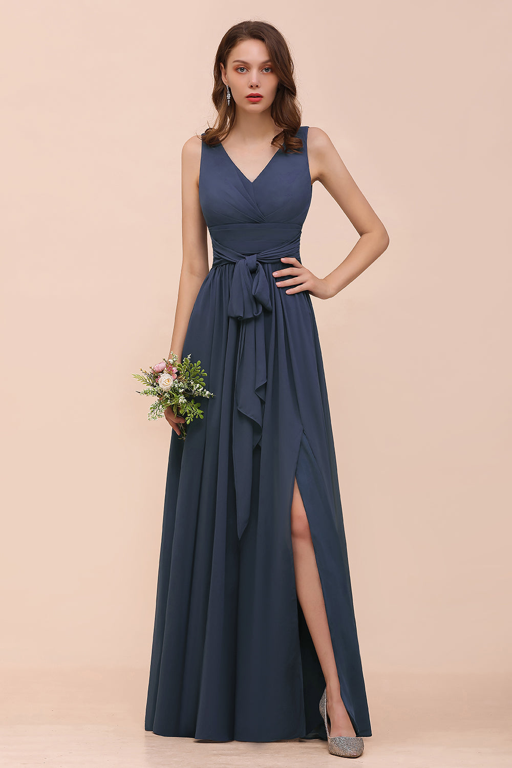 Affordable V-Neck Chiffon Long Stormy Bridesmaid Dresses With Slit