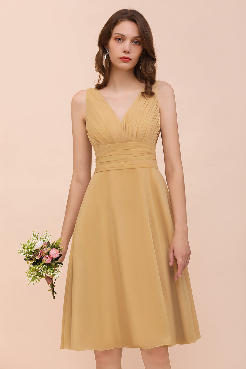 Affordable V-Neck Ruffle Gold Short Bridesmaid dresses with Bow