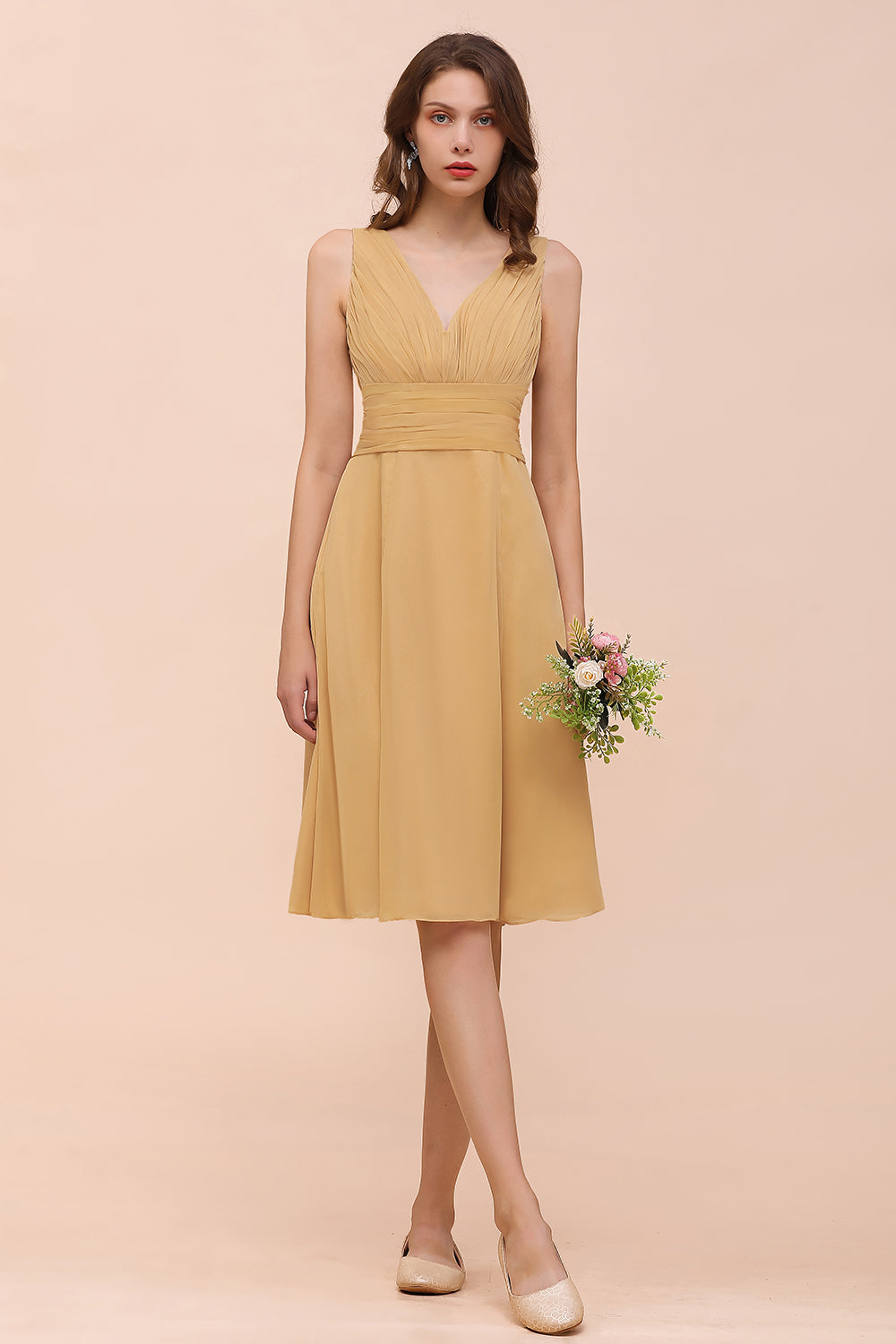 Affordable V-Neck Ruffle Gold Short Bridesmaid dresses with Bow