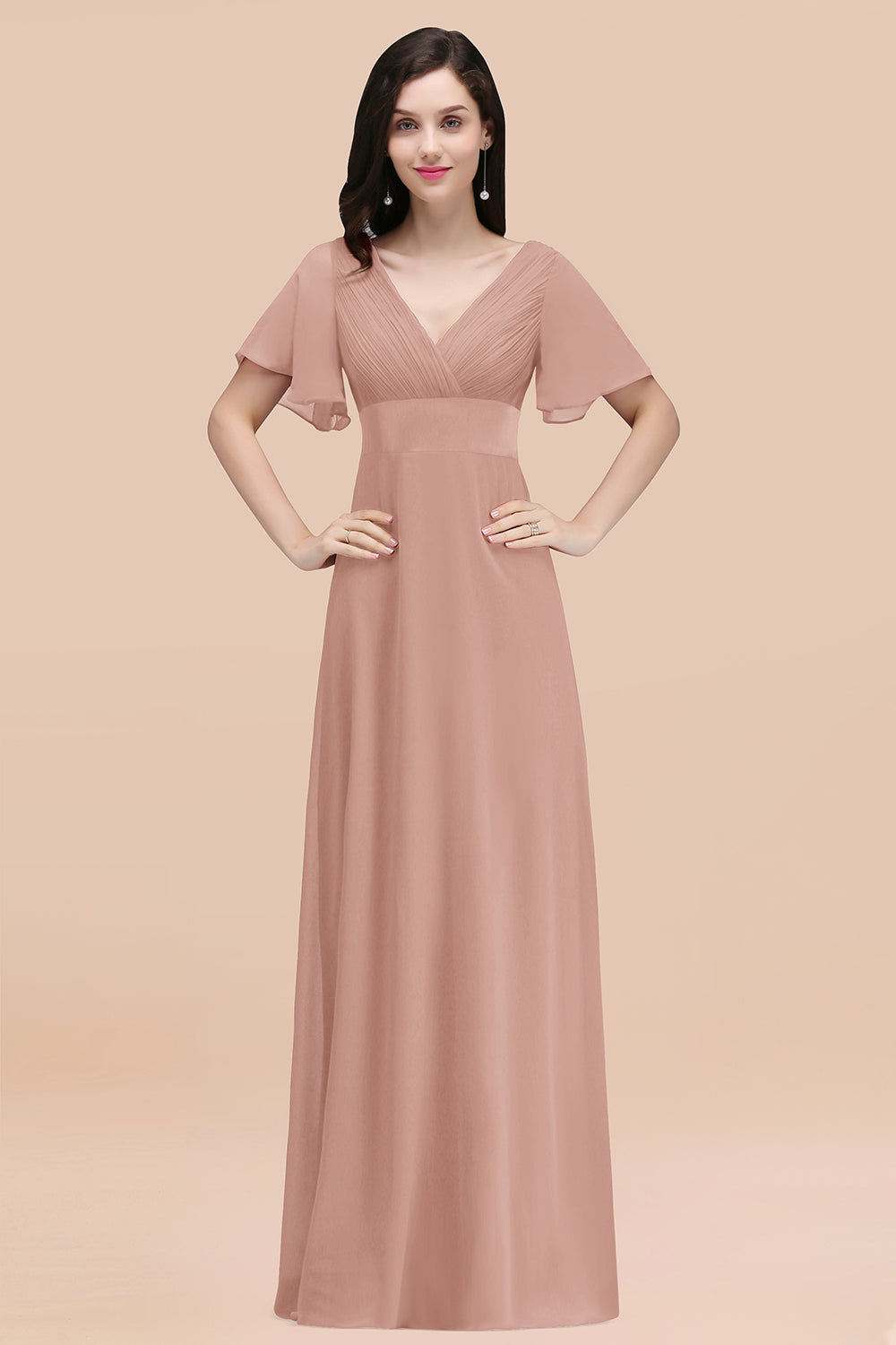 Affordable V-Neck Ruffle Long Burgundy Bridesmaid Dresses With Short-Sleeves