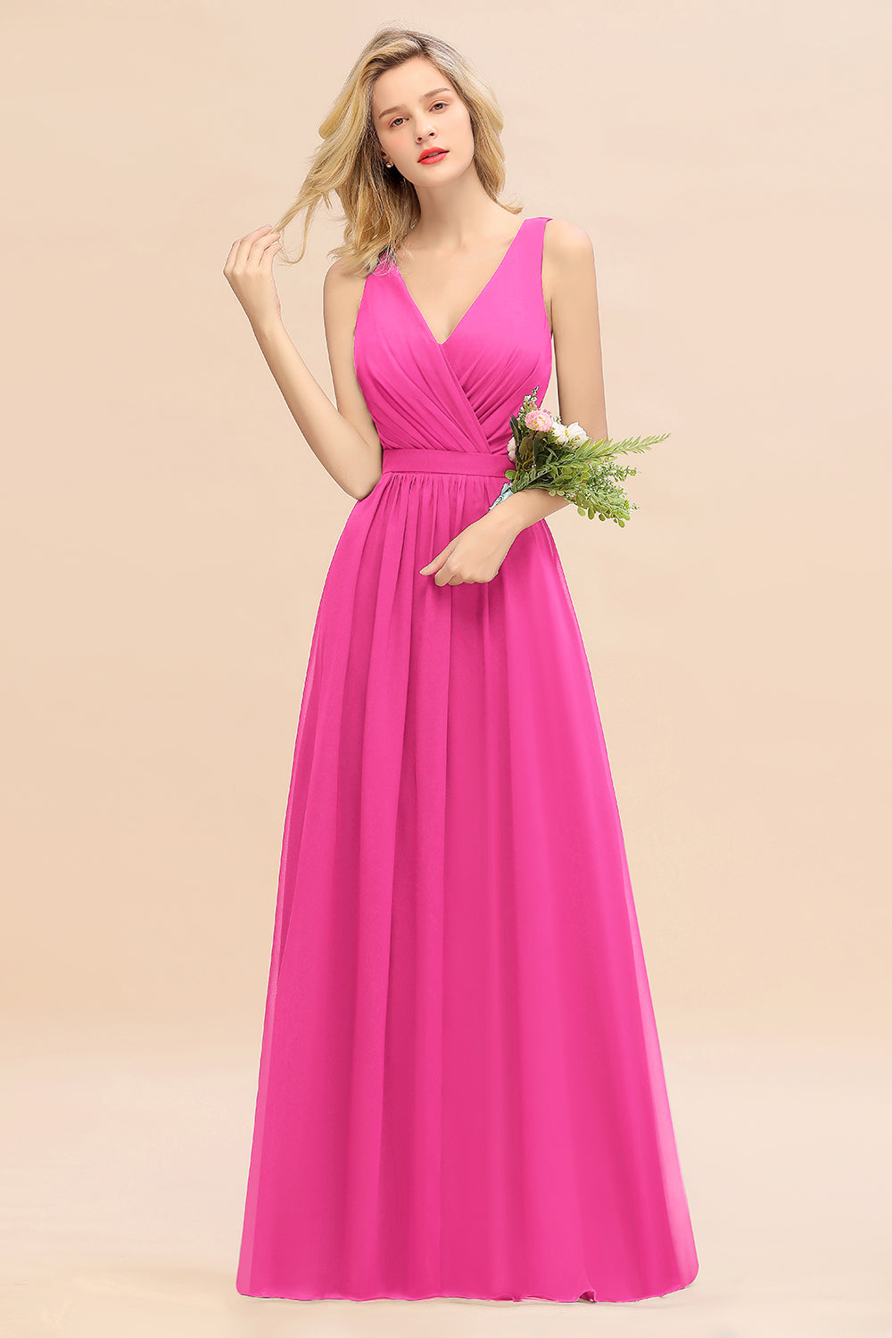 Affordable V-Neck Ruffle Long Grape Chiffon Bridesmaid Dresses with Bow