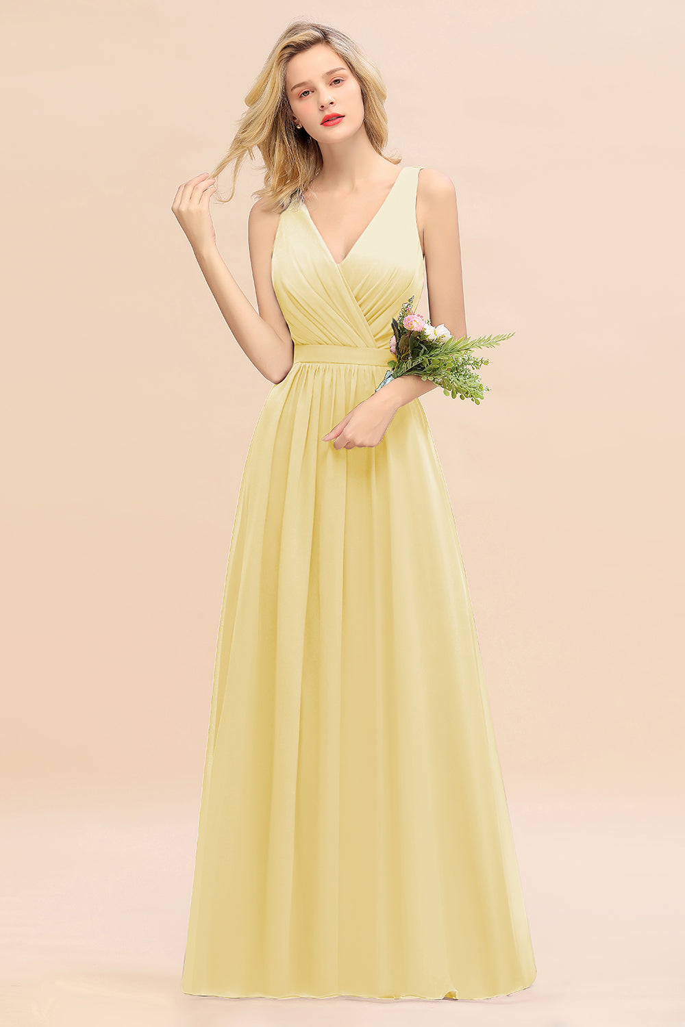 Affordable V-Neck Ruffle Long Grape Chiffon Bridesmaid Dresses with Bow