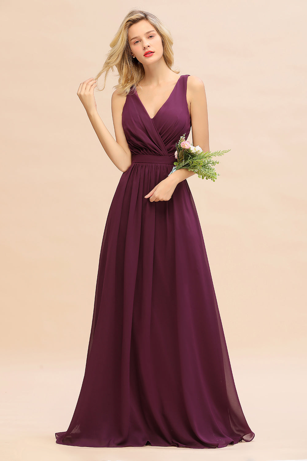 Affordable V-Neck Ruffle Long Grape Chiffon Bridesmaid Dresses with Bow