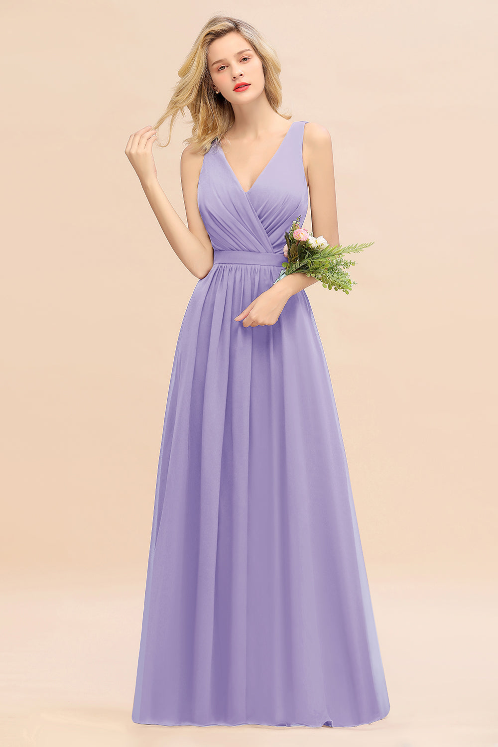 Affordable V-Neck Ruffle Long Grape Chiffon Bridesmaid Dresses with Bow