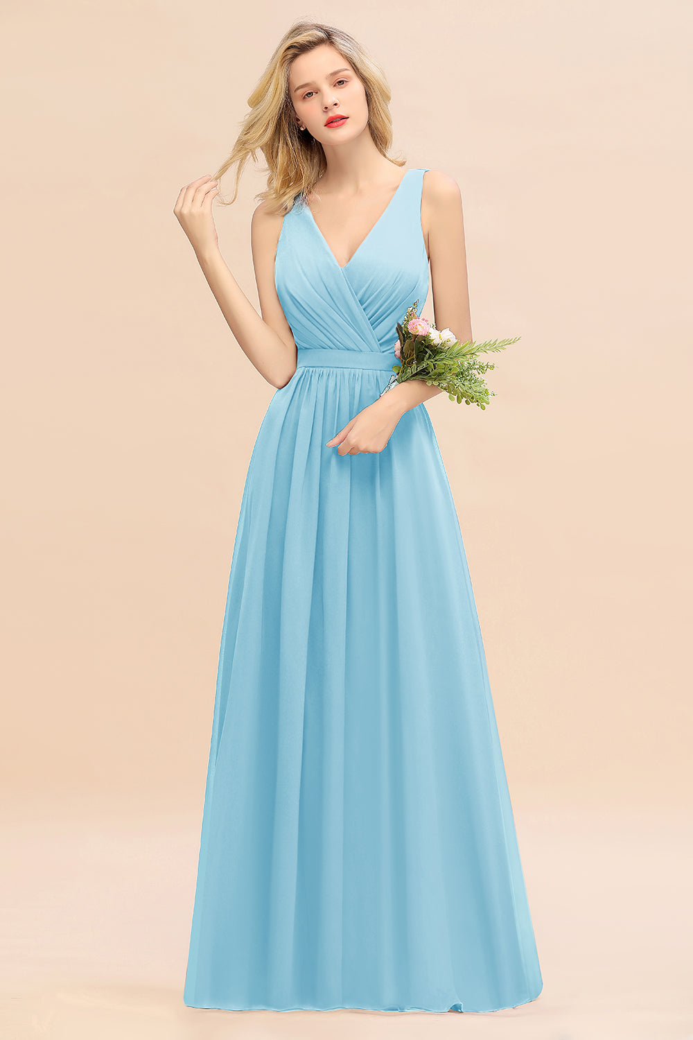 Affordable V-Neck Ruffle Long Grape Chiffon Bridesmaid Dresses with Bow