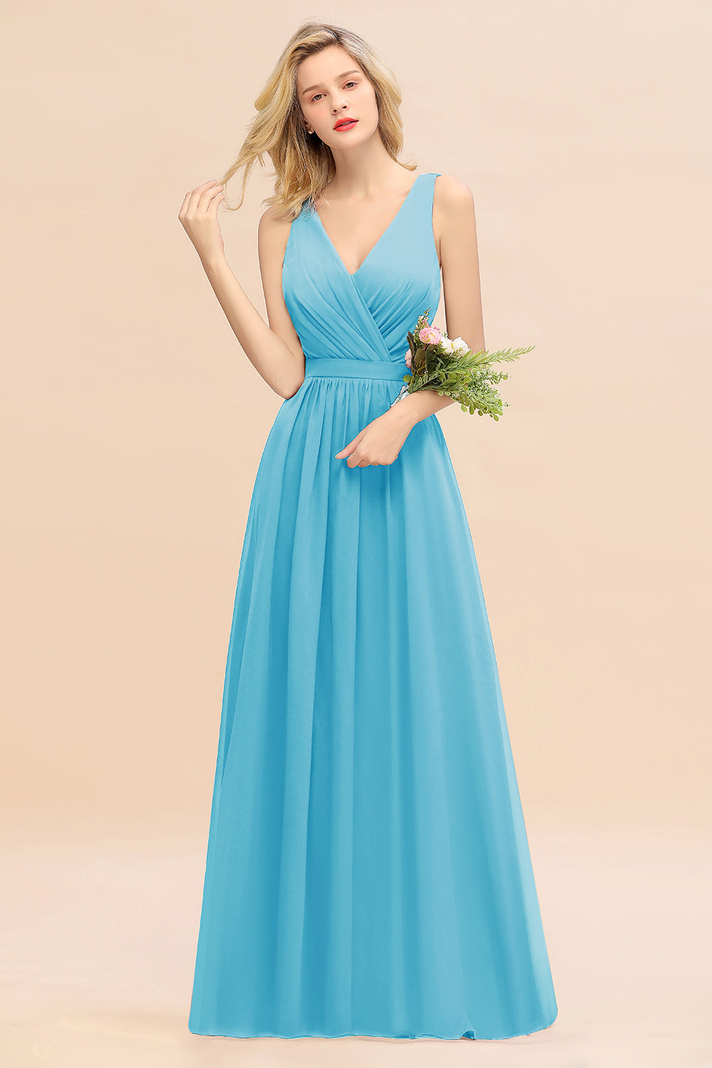 Affordable V-Neck Ruffle Long Grape Chiffon Bridesmaid Dresses with Bow