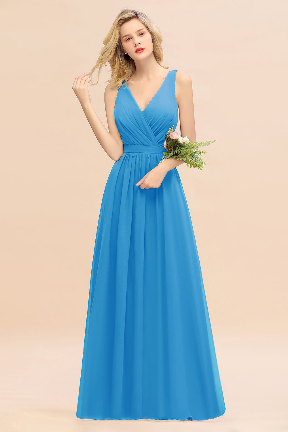 Affordable V-Neck Ruffle Long Grape Chiffon Bridesmaid Dresses with Bow