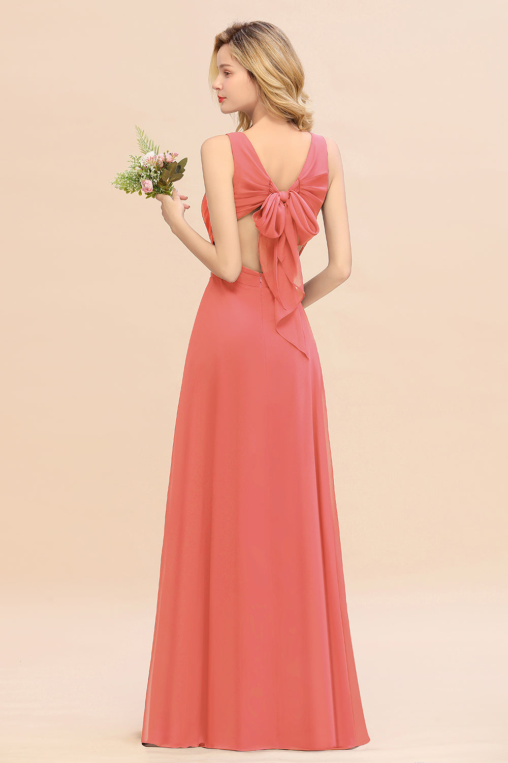 Affordable V-Neck Ruffle Long Grape Chiffon Bridesmaid Dresses with Bow