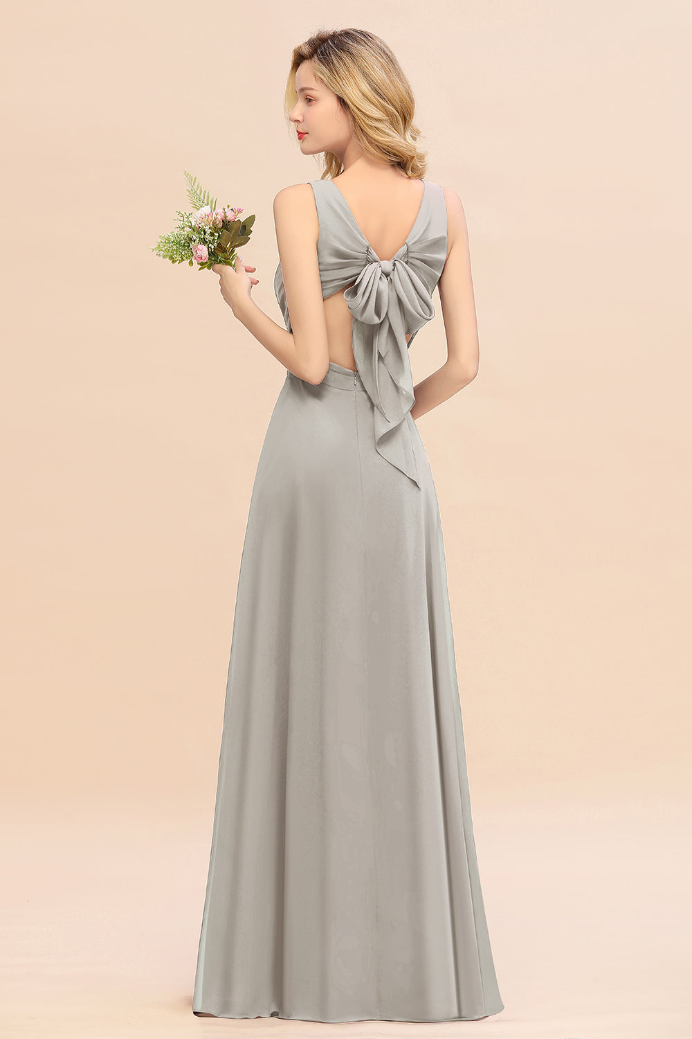 Affordable V-Neck Ruffle Long Grape Chiffon Bridesmaid Dresses with Bow