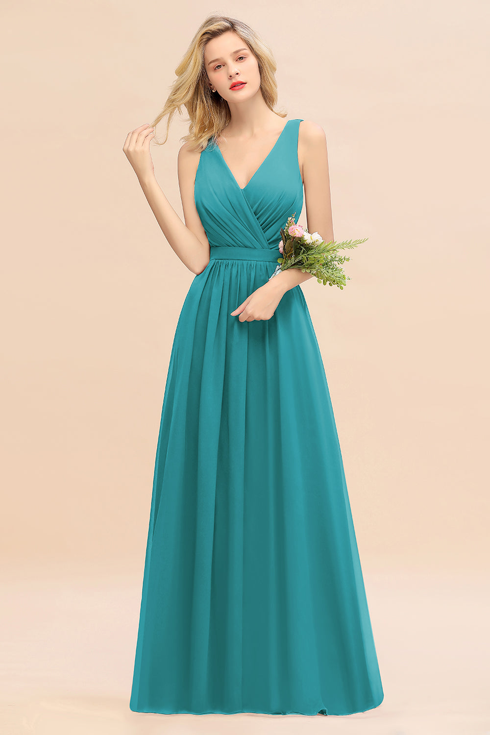 Affordable V-Neck Ruffle Long Grape Chiffon Bridesmaid Dresses with Bow