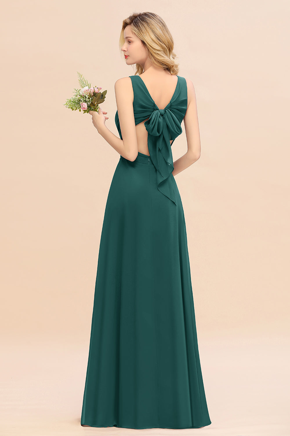 Affordable V-Neck Ruffle Long Grape Chiffon Bridesmaid Dresses with Bow