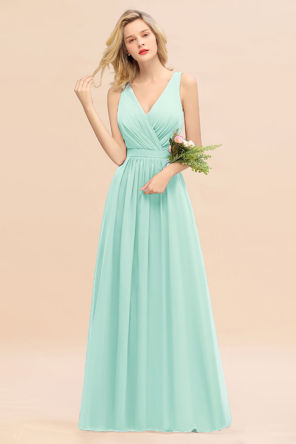 Affordable V-Neck Ruffle Long Grape Chiffon Bridesmaid Dresses with Bow