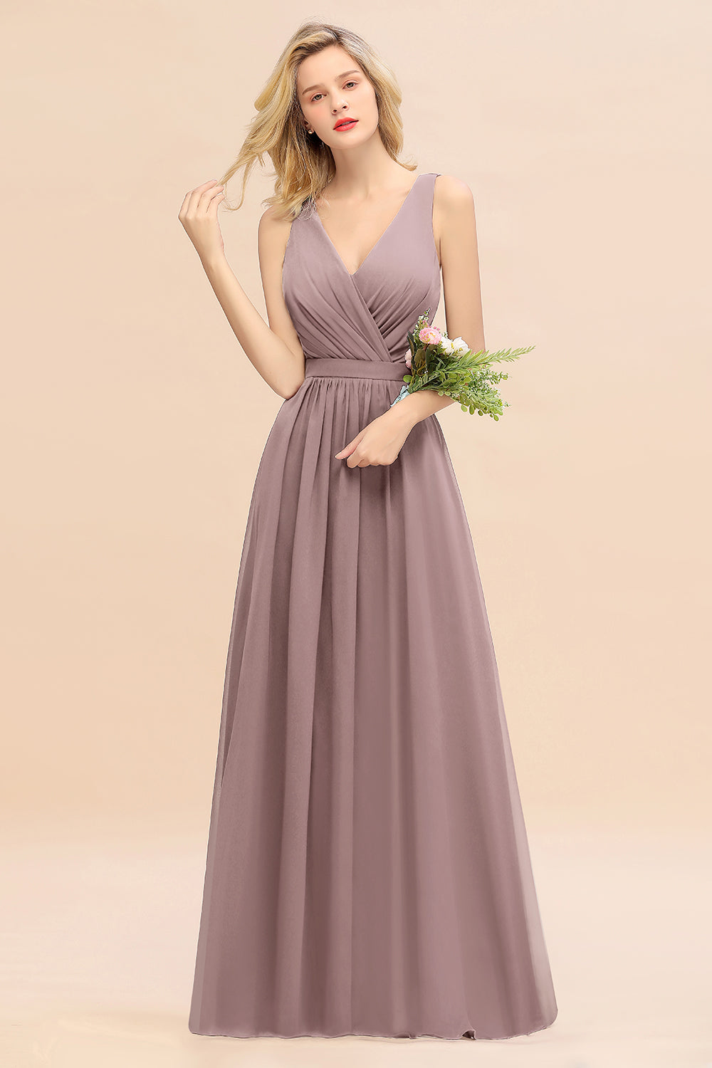 Affordable V-Neck Ruffle Long Grape Chiffon Bridesmaid Dresses with Bow