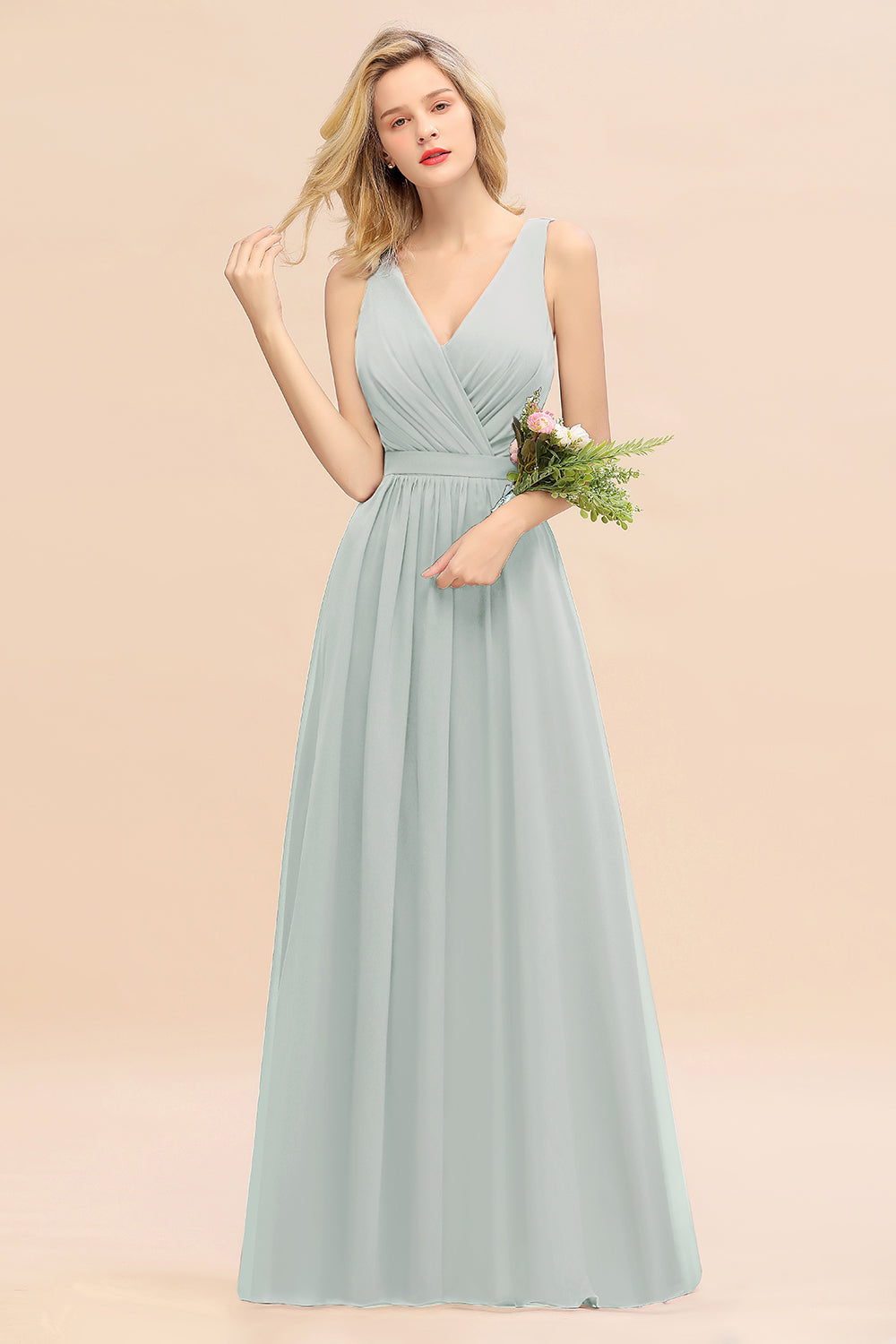 Affordable V-Neck Ruffle Long Grape Chiffon Bridesmaid Dresses with Bow