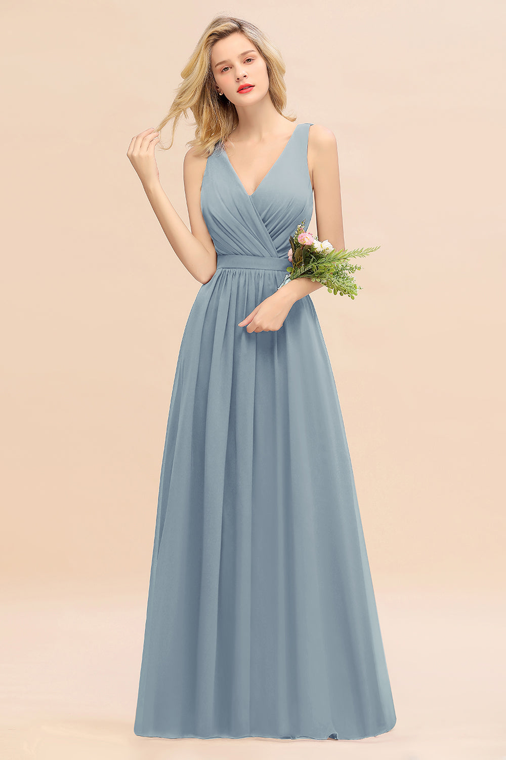 Affordable V-Neck Ruffle Long Grape Chiffon Bridesmaid Dresses with Bow