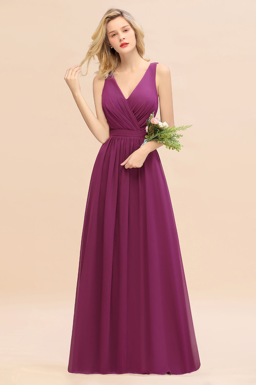 Affordable V-Neck Ruffle Long Grape Chiffon Bridesmaid Dresses with Bow