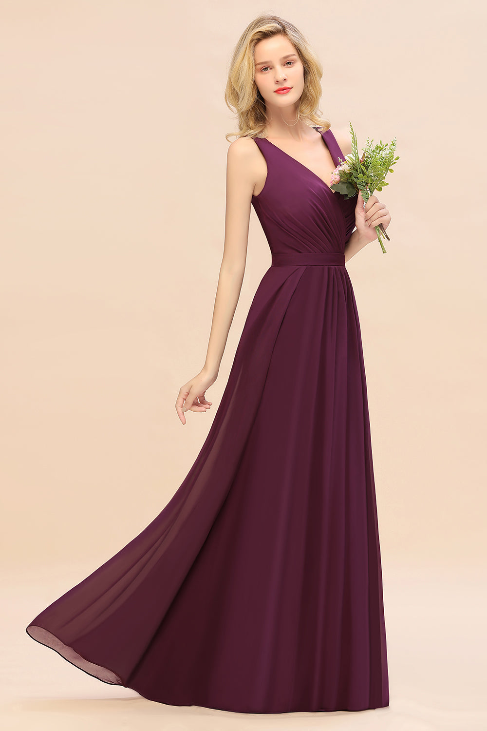 Affordable V-Neck Ruffle Long Grape Chiffon Bridesmaid Dresses with Bow