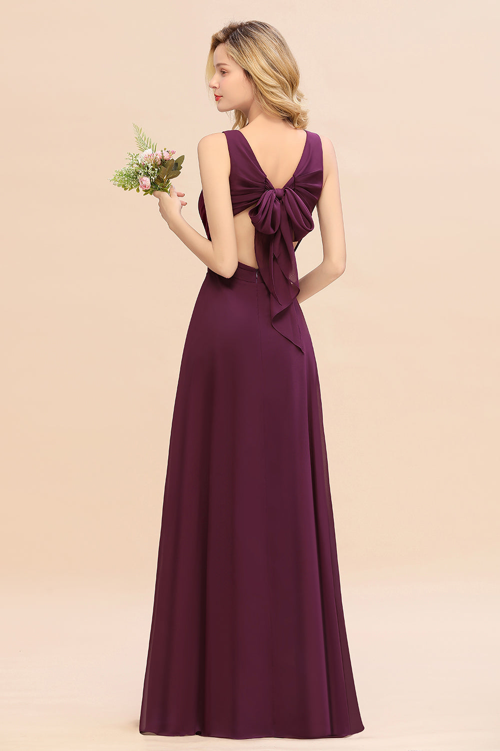 Affordable V-Neck Ruffle Long Grape Chiffon Bridesmaid Dresses with Bow