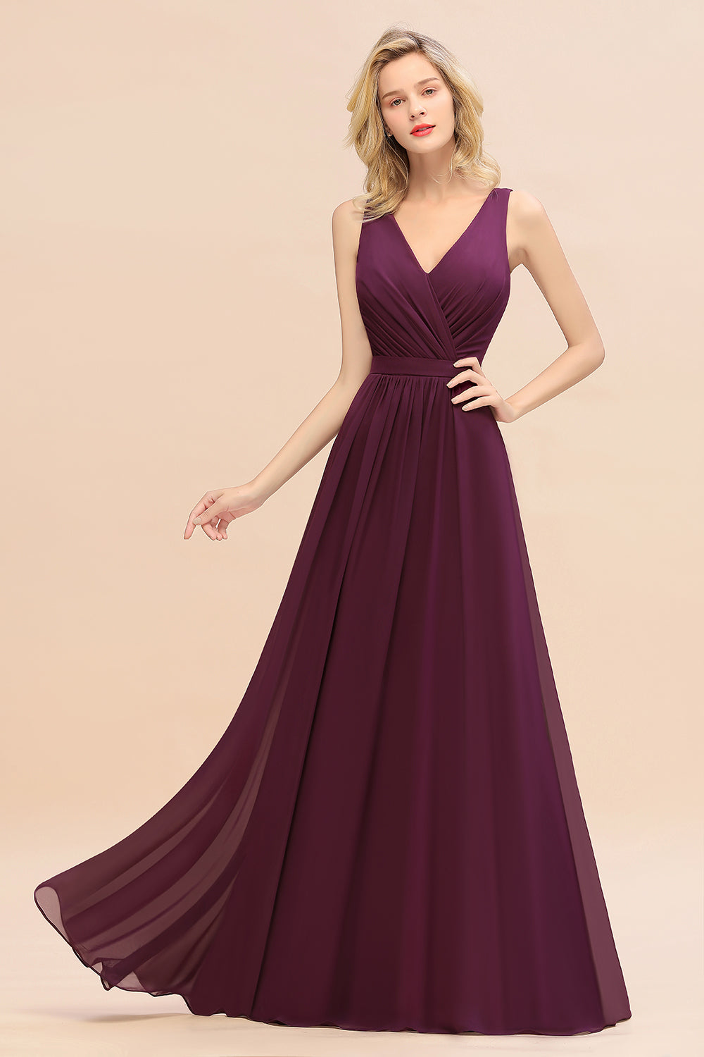 Affordable V-Neck Ruffle Long Grape Chiffon Bridesmaid Dresses with Bow