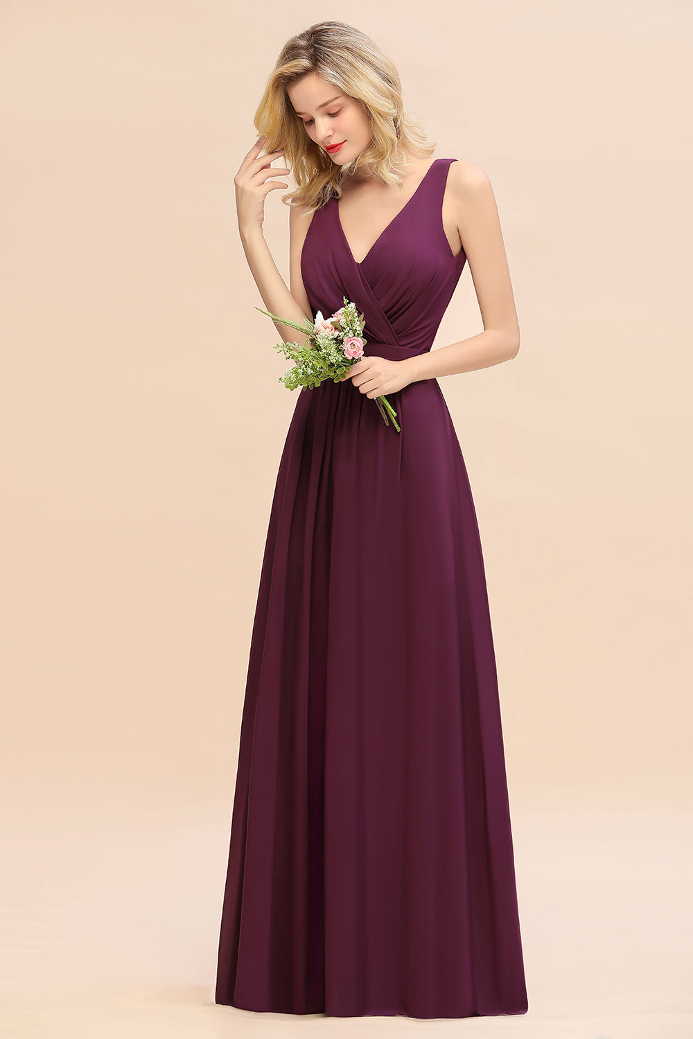 Affordable V-Neck Ruffle Long Grape Chiffon Bridesmaid Dresses with Bow