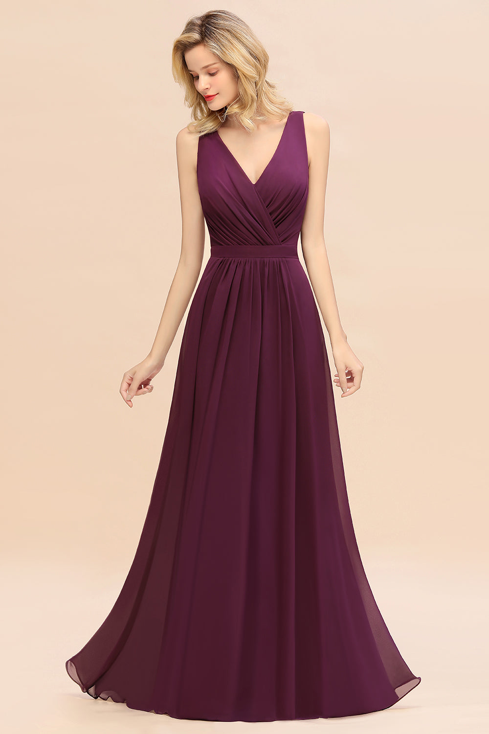 Affordable V-Neck Ruffle Long Grape Chiffon Bridesmaid Dresses with Bow