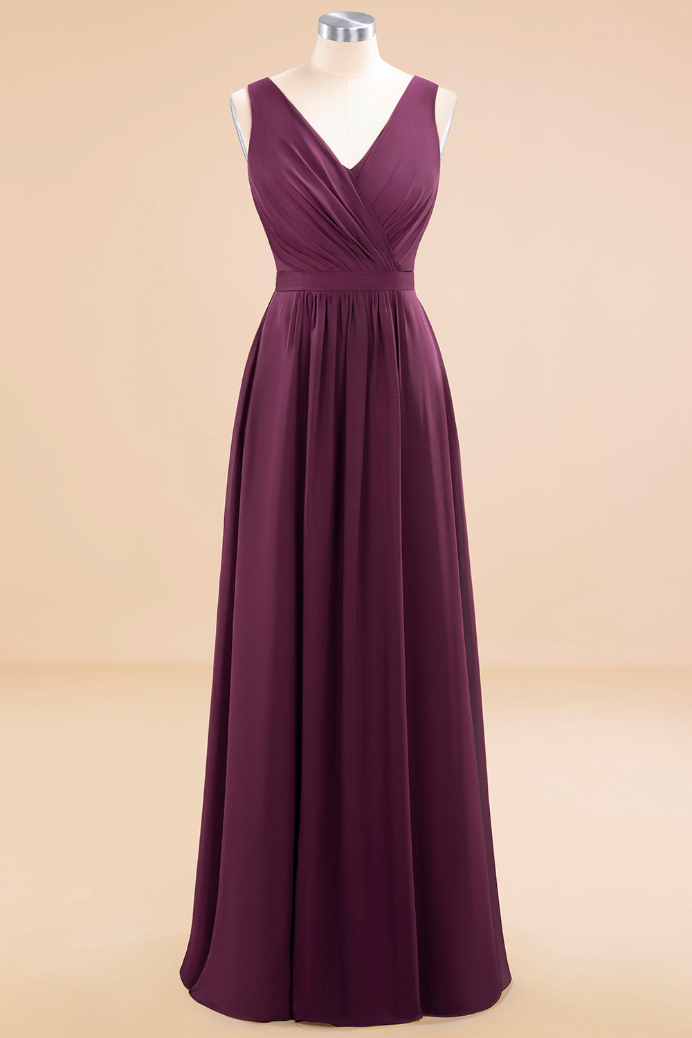 Affordable V-Neck Ruffle Long Grape Chiffon Bridesmaid Dresses with Bow