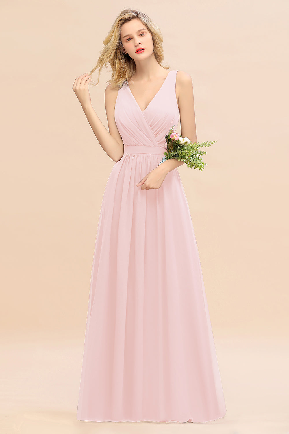 Affordable V-Neck Ruffle Long Grape Chiffon Bridesmaid Dresses with Bow