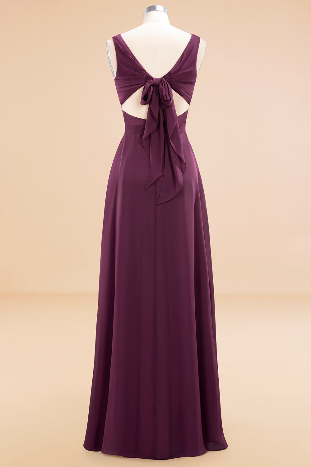 Affordable V-Neck Ruffle Long Grape Chiffon Bridesmaid Dresses with Bow