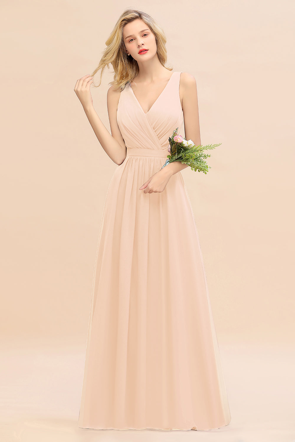 Affordable V-Neck Ruffle Long Grape Chiffon Bridesmaid Dresses with Bow