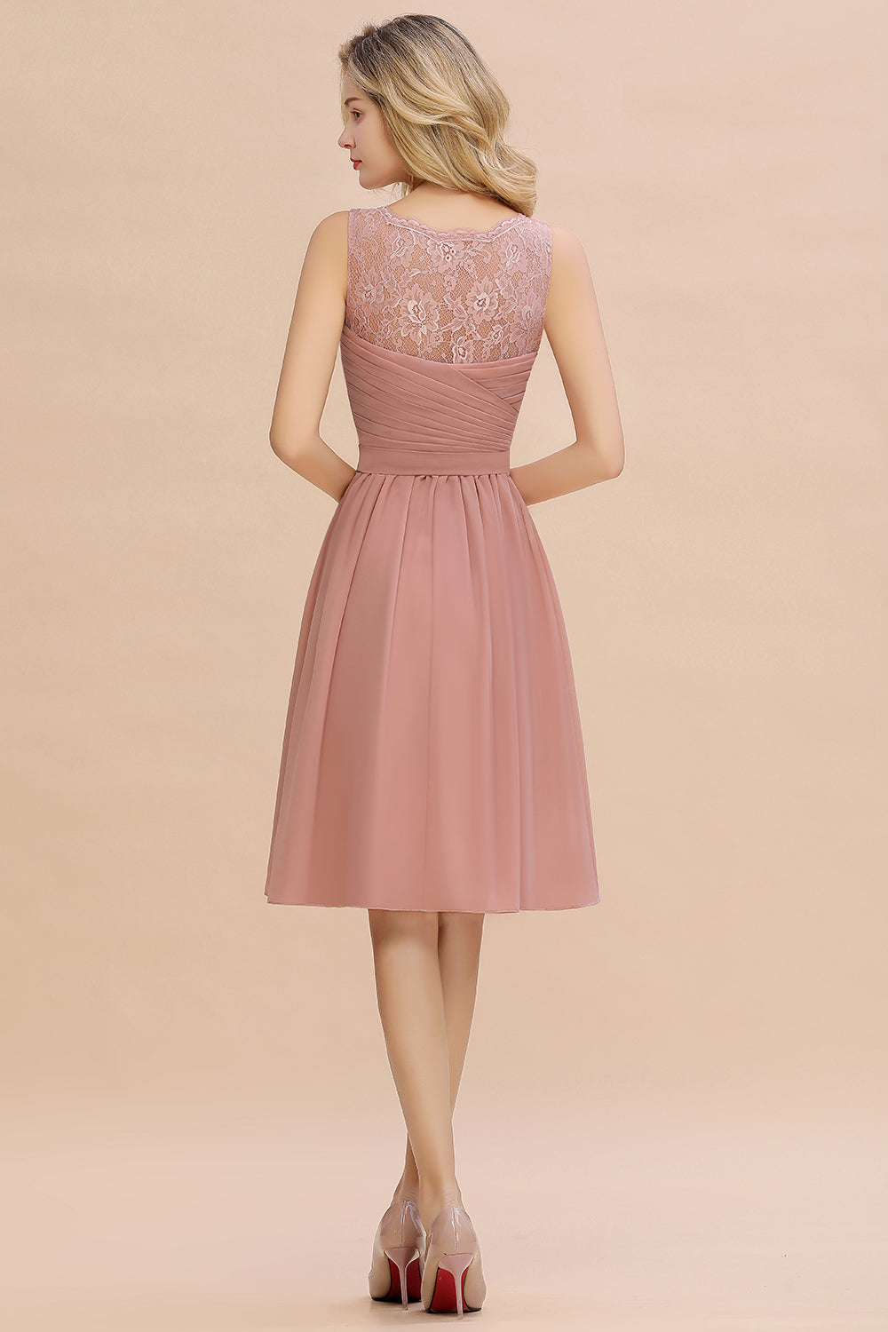 Affordable V-Neck Sleeveless Ruffles Short Lace Bridesmaid dresses