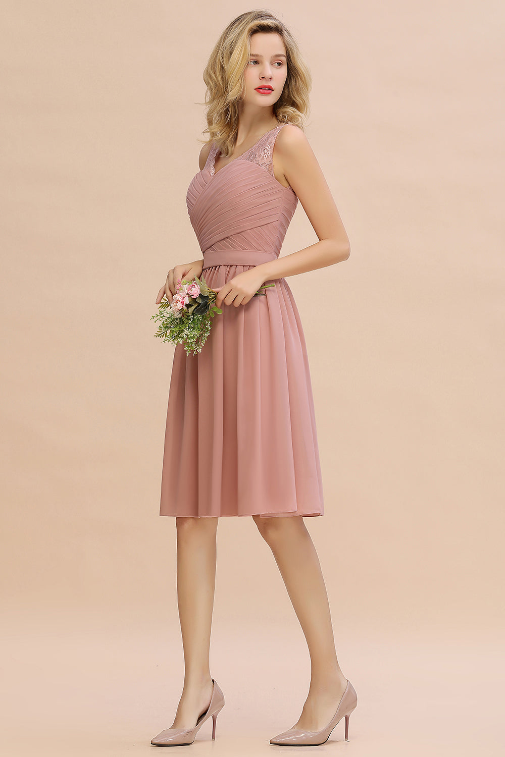 Affordable V-Neck Sleeveless Ruffles Short Lace Bridesmaid dresses