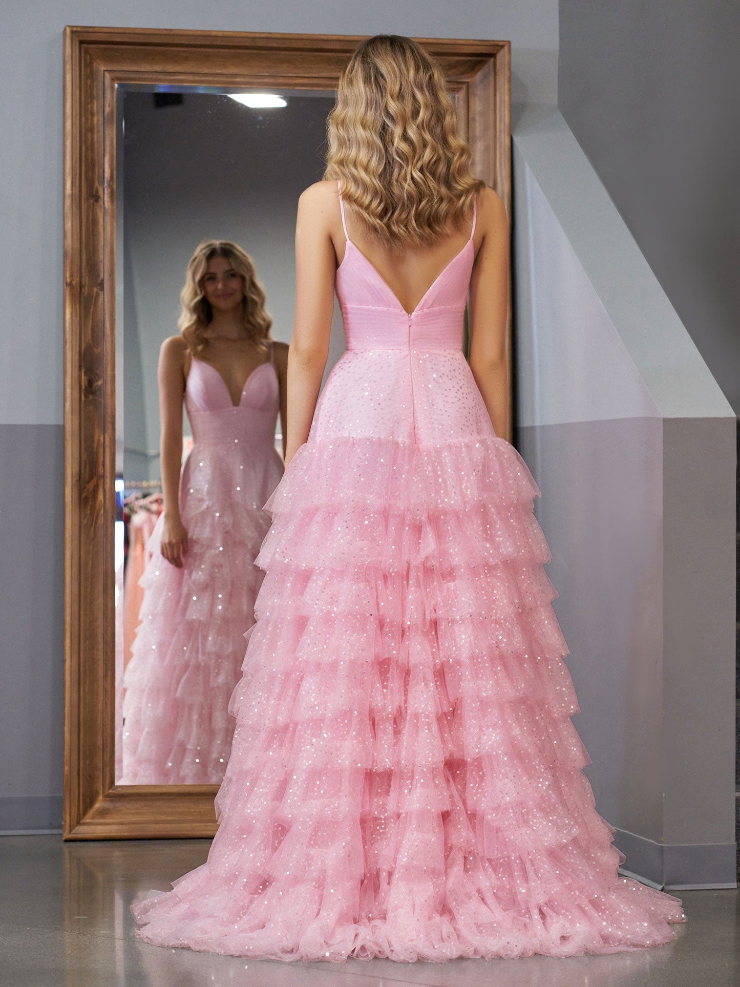 Sevoba | Light Pink A-Line Tiered Spaghetti Straps Tulle Prom Dress