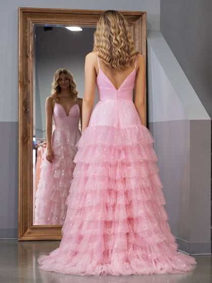 Sevoba | Light Pink A-Line Tiered Spaghetti Straps Tulle Prom Dress