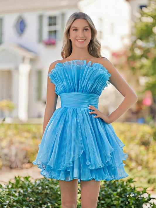 Sevoba|Blue A-Line Strapless Pleated Short Tiered Homecoming Dress